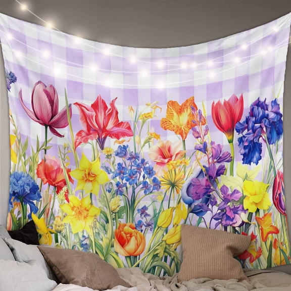 Purple Plaid Tulip Large Tapestry for Bedroom Wall Hanging Tapestry,Spring Floral Watercolor Botanical Ceiling Backdrop Tapestries Poster Blanket Wall Decor for Teens Room Living Room Dorm 86" x 104"