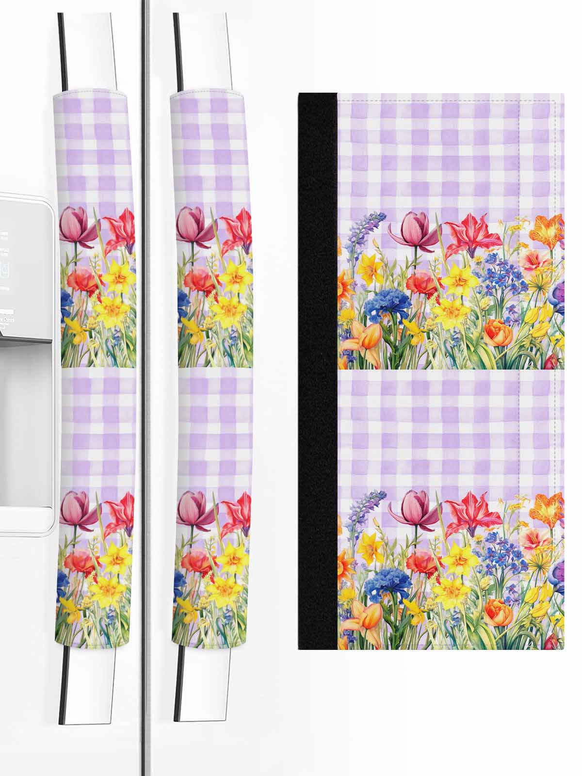 Purple Plaid Tulip Refrigerator Door Handle Covers Set of 2, Spring Floral Watercolor Botanical Kitchen Fridge Microwave Oven Dishwasher Stove Cabinet Handle Protectors, Washable Appliance Decor