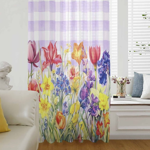 Purple Plaid Tulip Semi Sheer Curtains Drapes for Living Room, Bedroom, French Doors Window 54 Inches Long, Spring Floral Watercolor Botanical Rod Pocket Chiffon Curtain Drapery Voile Drape Panel