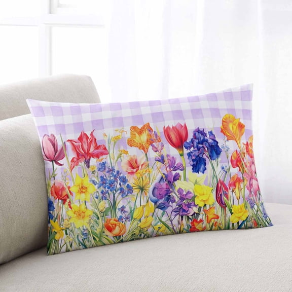 Purple Plaid Tulip Throw Pillow Covers, Spring Floral Watercolor Botanical Soft Breathable Pillow Cases with Invisible Zipper for Sleeping, Standard Pillowcases for Couch Bed Sofa Chair 20x26 Inches