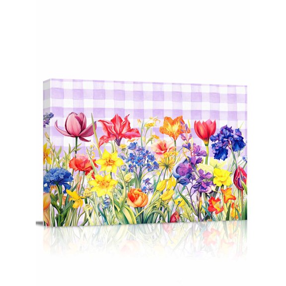 Purple Plaid Tulip Wall Art for Living Room,Canvas Picture Wall Decor for Bathroom Bedroom,Spring Floral Watercolor Botanical Painting Artwork for Office Kitchen Hallway Dining Room Decor 12"x16"