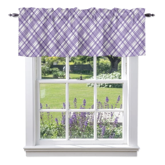 Purple Plaid Valances for Windows, Purple White Grids Geometric Valance Window Treatment Rod Pocket Short Curtains Valances for Kitchen Bathroom 42"W x 12"L