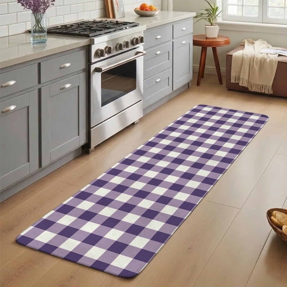 Purple Plaid Washable Runner Rug 3X5 ft Purple Gradient Line Check Geometric Non-Slip Hallway Runner Rug, Linen Kitchen Runner Mats, Indoor Floor Carpet for Entryway Bathroom Bedroom Living Room