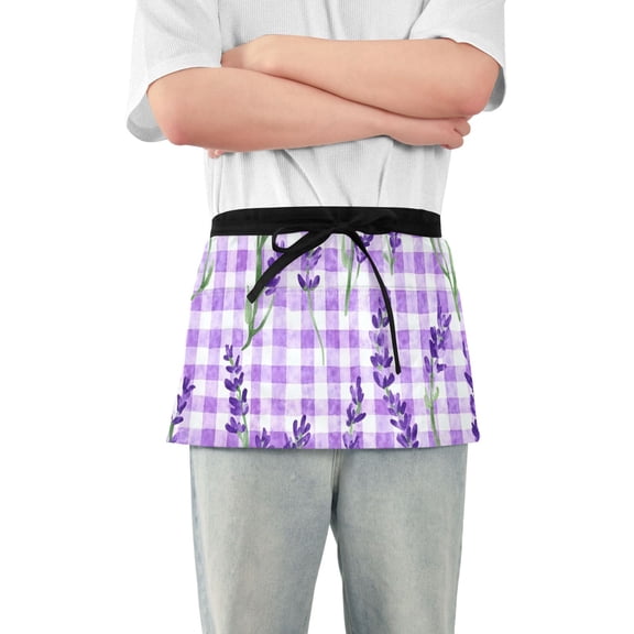 Purple Plaid Watercolor Lavender Short Server Apron with 3 Pockets for Unisex Chef Gardening