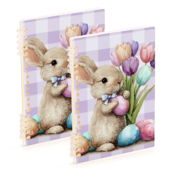 Purple Plaids Easter Rabbit with Eggs Flowers Notebook Detachable Coil Notebook Diary Plan Book A5 Size 60 Pages 1 Pack