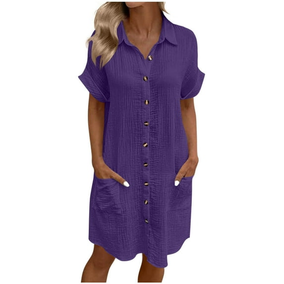 Purple Plain Dresses for Women Summer Fall Short Sleeve Collared High Neck Spandex Midi Knee High Dresses Women Button 2025 Clothing Y2K L