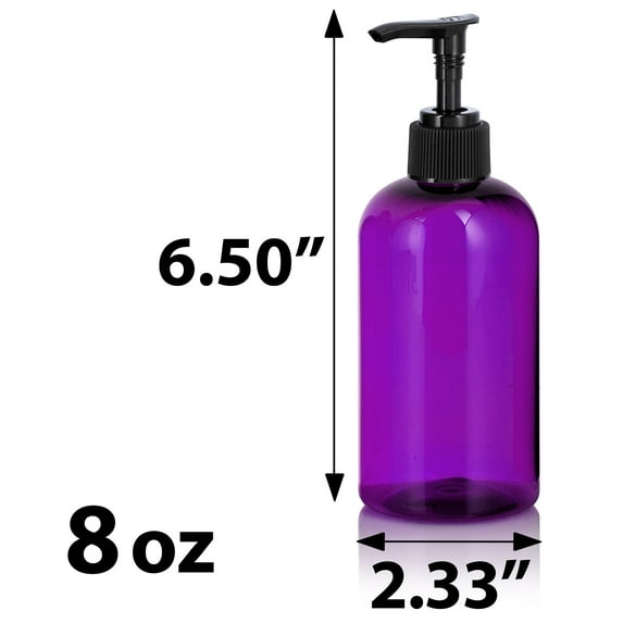 Purple Plastic PET Boston Round Bottle with Black Lotion Pump (12 Pack)