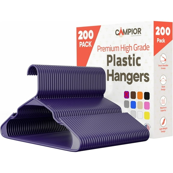 Purple Plastic hangers 200 Pack– Heavy-Duty Plastic Hangers Slim and Space-Saving Hangers, Durable & Lightweight Hangers with Non-Slip Shoulder Notches for Slip Dresses, Suits, Jackets & Camisoles