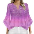 thumbnail image 1 of Purple Pleated Brunch T Shirt for Women Summer Fall Ruffle 3/4 Length Bell Sleeve Vneck Spandex Gradient Loose Fit Tops T shirt Womens 2025 Clothing S, 1 of 5
