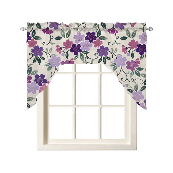 Purple Plum Blossoms Swag Curtains for Kitchen Vintage Farmhouse Flower Burlap Valances for Windows Small Window Treatment Short Topper for Cafe Bedroom Bathroom Living Room Decor 56x36 Inch