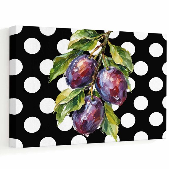 Purple Plum Fruits Canvas Wall Art, Retro Rustic White Polka Dot Black Background Wall Art Prints Artwork Framed Canvas Ready to Hang Art Pictures for Bathroom Bedroom Entry Desk Corner 10" x 8"