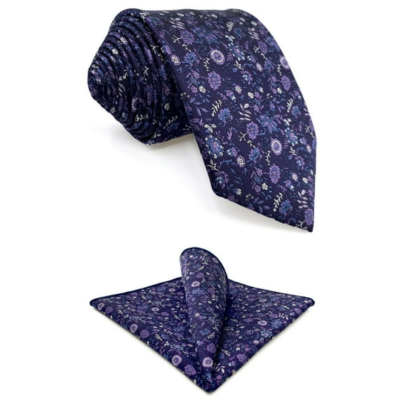 Purple Plum Necktie and Pocket Square Set for Men Floral Elegant for Party Prom Wedding Woven Medium 57.5"