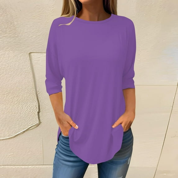 Purple Plus Size Tshirts for Women, Polyester Womens Shirts Dressy Casual, 3/4 Sleeve Printed Plus Size Tops, Plus Size Blouses, Solid Color Weekend Solid Color Womens Tops Plus