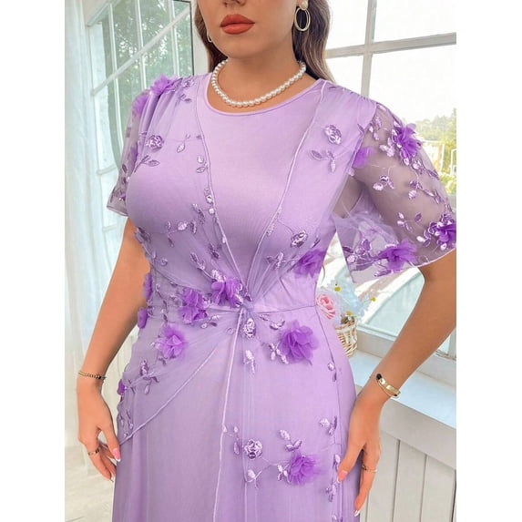 Purple Plus Size Womens Elegant Floral Embellished Twist Front Dress With Sheer Short Sleeves And Round Neck