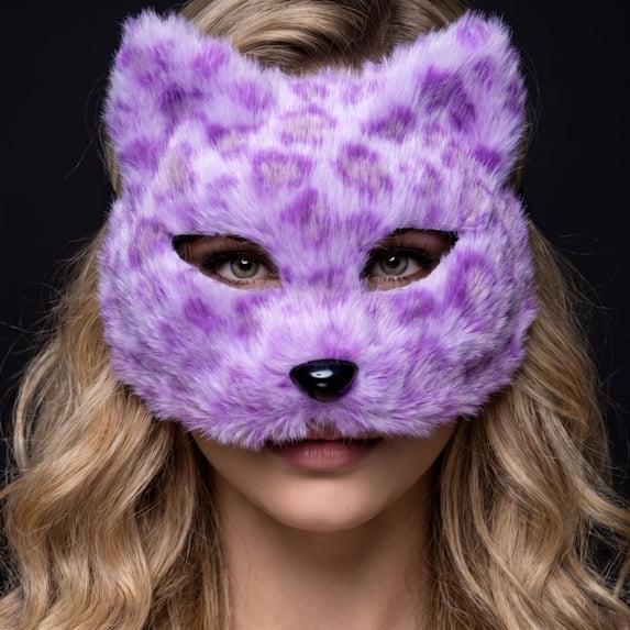 Purple Plush Masquerade Mask, 7 Inch Kids Masquerade Mask Cat Halloween Accessory for Dress Up Halloween Party, 1 Pack