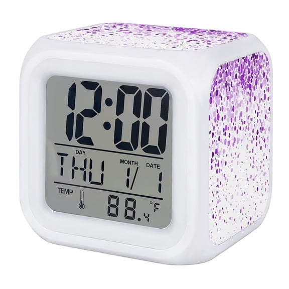 Purple Polka Dot Alarm Clock, Watercolor Purple Gradient Abstract Modern Digital Clock Night Light with 7 Color, Calendar Temperature Display, LED Desk Small Clock for Bedrooms Bedside Living Room