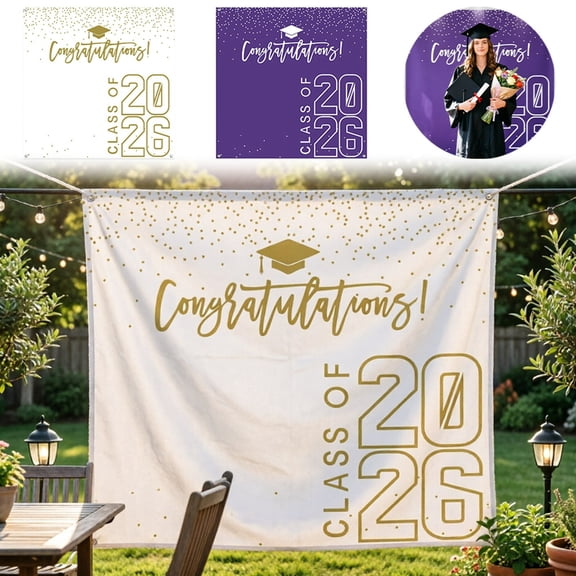 Purple Polka Dot Class Of 2026 Graduation Backdrop Congrats Grad Polyester Photo Booth Banner Large High‑School College Grad Party Wall Decor with Hanging Rope 6x6ft