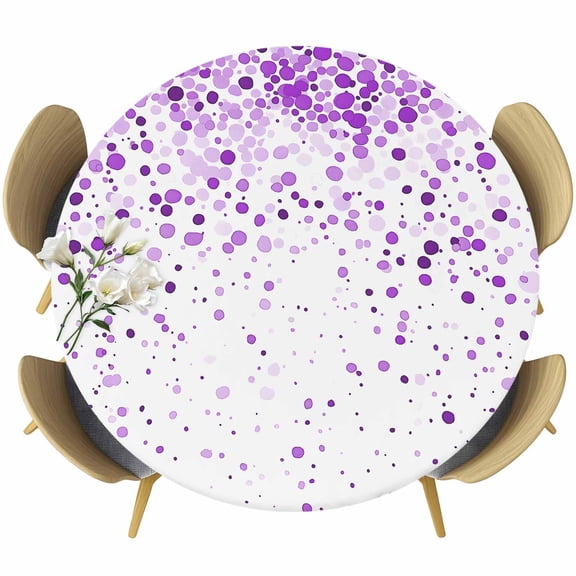 Purple Polka Dot Table Cloth, Round Fitted Tablecloths with Elastic Edge, Abstract Modern Art Dots Watercolor Wipeable Waterproof Table Cover for Kitchen Wedding 36-44 Inches