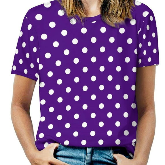 Purple Polka Dots Pattern Womens Tops Women's Fashion Casual Short Sleeve Flower Print Round Neck Pullover Top Blouse