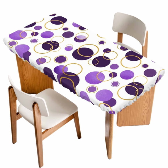 Purple Polka Dots Table Cloths for 5 Foot Rectangle Tables, Modern Abstract Art Patio Waterproof Elastic Fitted Tablecloths, Washable Rectangular Table Cover for Camping