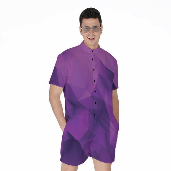 Purple Polygonal Geometric Short Sleeve Men'S Rompers Casual Summer Jumpsuits Outfit