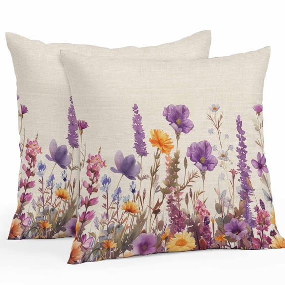 Purple Poppy Outdoor Pillow Covers Pack of 2 Lavender Gold Daisy Watercolor Floral Linen Waterproof Throw Pillow Covers Decorative Cushion Cases for Patio Garden Tent Balcony Couch 20x20 inch