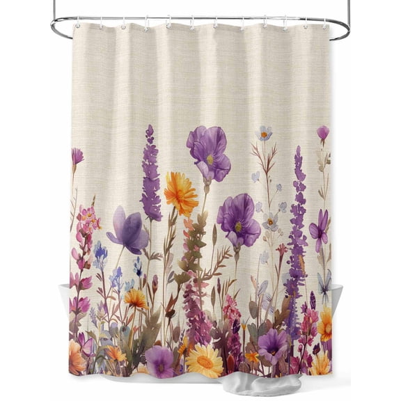 Purple Poppy Shower Curtain, Lavender Gold Daisy Watercolor Floral Linen Waterproof Shower Curtain Set with 12 Hooks Lightweight Washable Fabric Shower Curtains for Bathroom 36x72 Inches