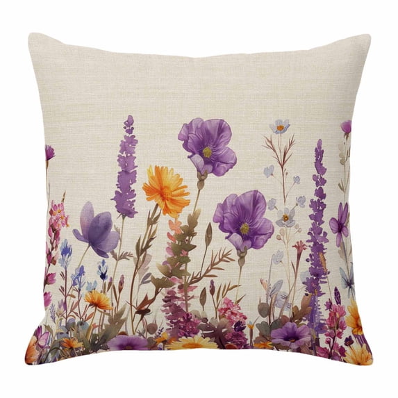 Purple Poppy Throw Pillow Cover Lavender Gold Daisy Watercolor Floral Linen Cotton Linen Cushion Cover Throw Pillow Case with Invisible Zipper for Couch Sofa Bed Chair Car 16x16 Inch