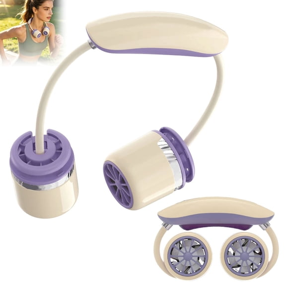 Purple Portable Neck Fan with Dual Cooling Heads, Hands-Free Personal Wearable Fan, 360° Flexible Hose, Lightweight USB Rechargeable Bladeless Design for Home Office Travel Sports