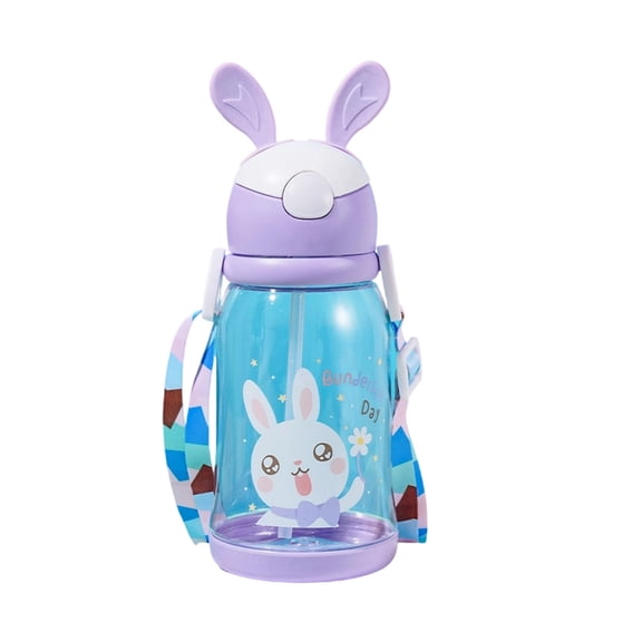 Purple Portable Water Bottle With Rabbit Ears Design And Leak-Proof Straw 9X3 Inches