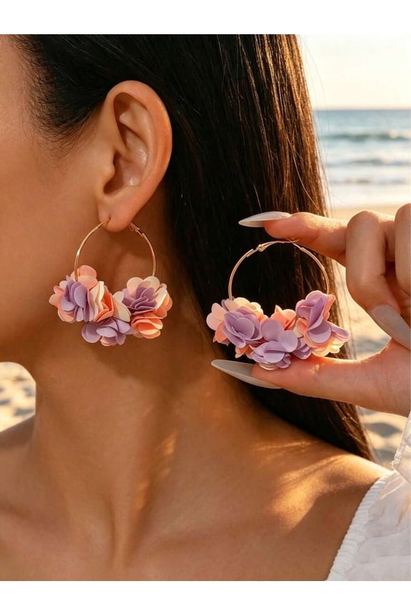 Purple Powder Floral Fabric Hoop Earrings For Women, Fashion Dangle