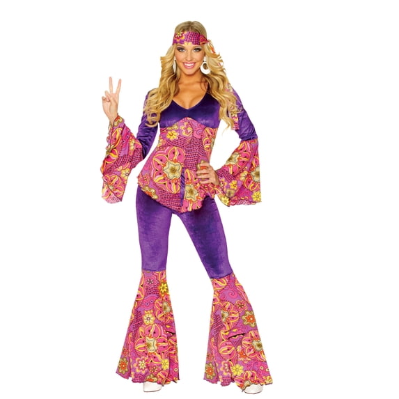 Purple Power 1960'S Hippie Bell Bottoms Fancy Dress Womens Halloween Costume M