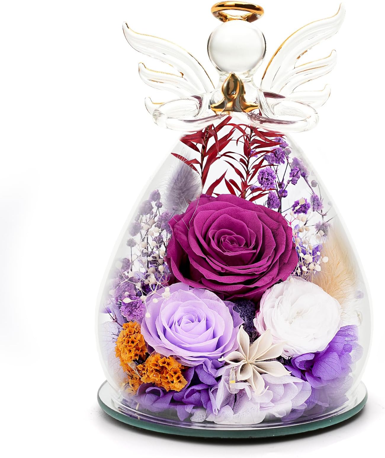 Purple Preserved Rose Angel Figurine - Handcrafted Glass Angel with ...