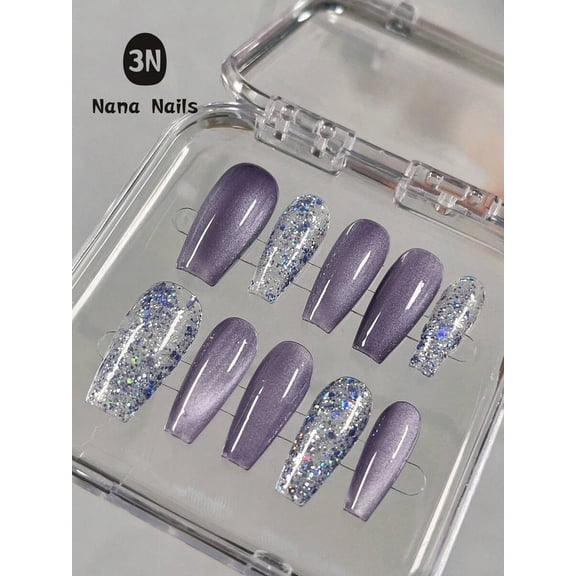 Purple Press-On Nails Set With Metallic & Glitter Finish - 10pcs Coffin