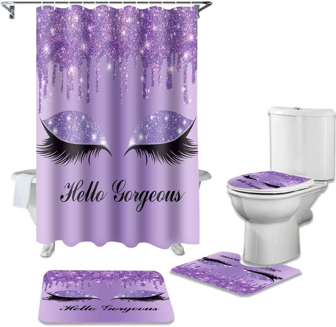 Purple Pretty Eyelash Shower Curtain Set, 4PCS Hello Gorgeous Kids Bathroom Sets with Shower Curtain and Rugs, Toilet Lid Cover, Bath Mat and U Shaped Rug, 12 Hooks