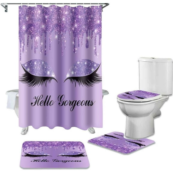 Purple Pretty Eyelash Shower Curtain Set, 4PCS Hello Gorgeous Kids Bathroom Sets with Shower Curtain and Rugs, Toilet Lid Cover, Bath Mat and U Shaped Rug, 12 Hooks