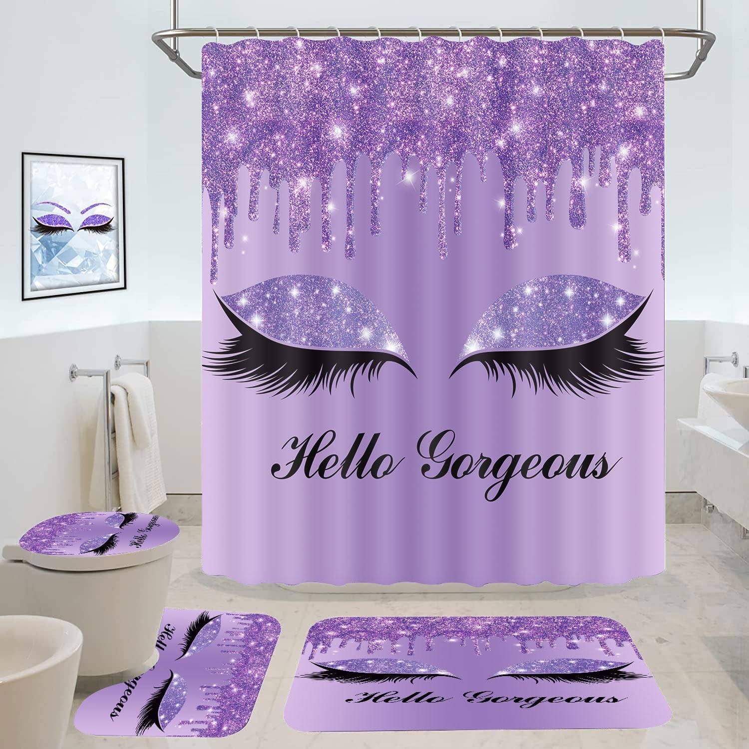 Purple Pretty Eyelash Shower Curtain Set, 4PCS Hello Gorgeous Luxury Glitter Bathroom Sets with Shower Curtain and Rugs, Toilet Lid Cover, Bath Mat and U Shaped Rug, 12 Hooks, SETLSGU7