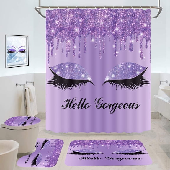 Purple Pretty Eyelash Shower Curtain Set, 4PCS Hello Gorgeous Luxury Glitter Bathroom Sets with Shower Curtain and Rugs, Toilet Lid Cover, Bath Mat and U Shaped Rug, 12 Hooks, SETLSGU7