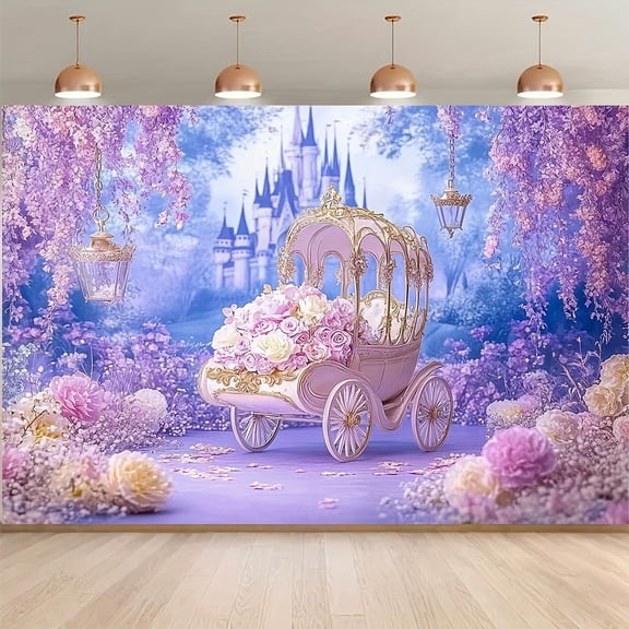 Purple Princess Baby Shower Backdrop Lavender Floral Carriage Birthday Photography Background Purple Wisteria Rose Castle Newborn Birthday Party Decorations Banner Supplies Photo Booth Props