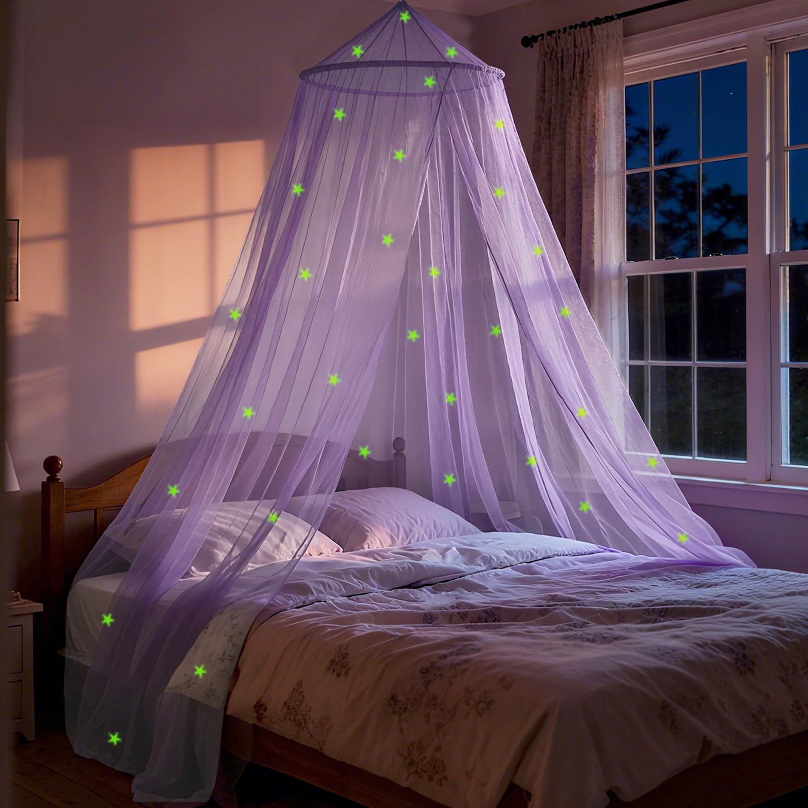 Purple Princess Bed For With Glowing Stars  Curtains Full And Queen Sizes; Ceiling Tent Reading Nooks Mosquito Net Indoor Room Decor Outdoor Use