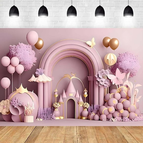 Purple Princess Castle Arch Balloon Flower Castle Cake Crush Kids Photo Backdrop for Girls 1st Party Floral Butterfly Fairy Tale Girl Banner
