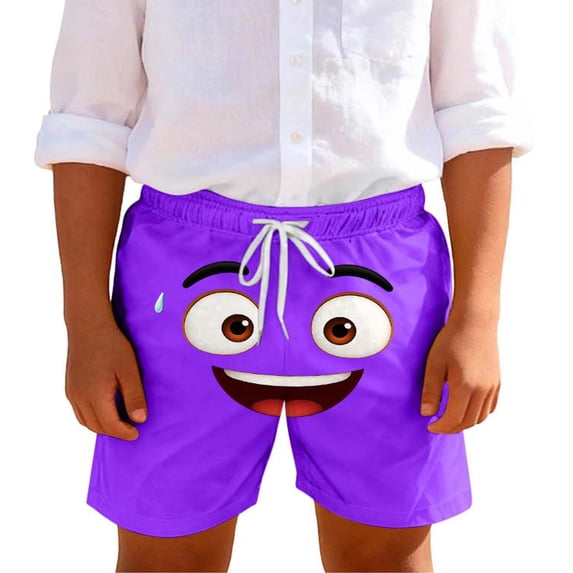 Purple Print Boys Swim Trunks, Ages 5-14 Quick Dry Stretch Beach Shorts with Elastic Waist Adjustable Drawstring,Size 7 T