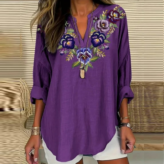Purple Printed Plus Size Tops, Linen Plus Size Blouses, Long Sleeve Plus Size Shirt for Women, Plus Size Womens Shirts, Floral Plus Size Tshirts for Women, Plus Size Tshirts for Women Graphic Tees
