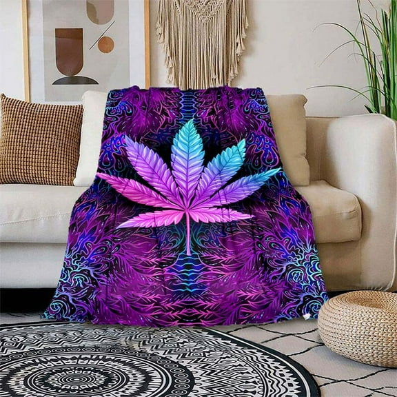 Purple Psychedelic Maple Leaves Flannel Throw Blanket, Lightweight Fleece for Sofa Bed Travel Camping Office