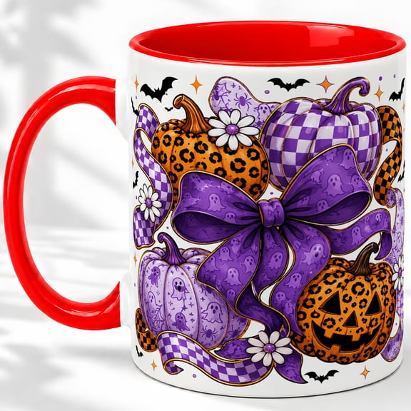 Purple Pumpkin Bow Accent Mug, 11oz Ceramic Coffee Cup for Halloween