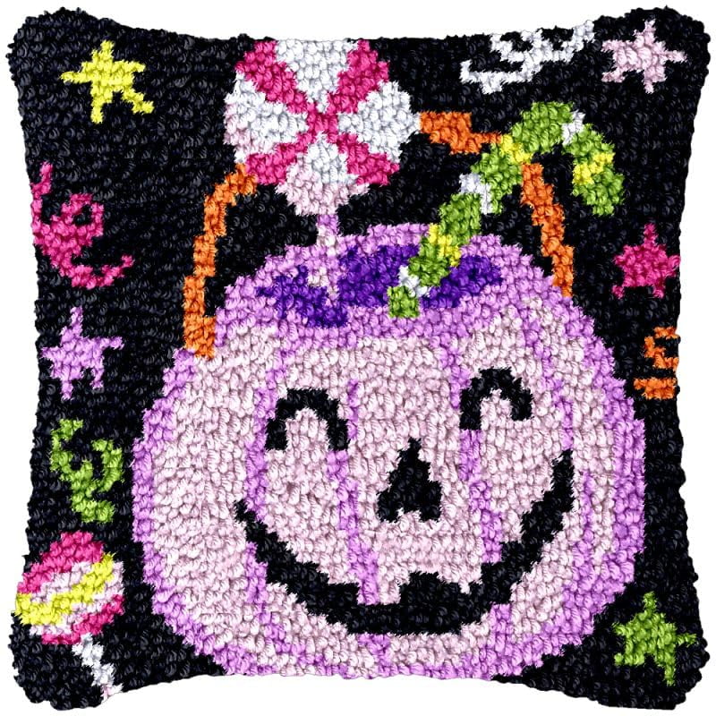 Purple Pumpkin & Candy Latch Hook Pillowcase Kits for Adults and Starter DIY Cushion Cross Stitch Latch Hook Rug Kits with Preprinted Canvas Crochet Yarn Kits Needlework Crafts 17'' X 17''