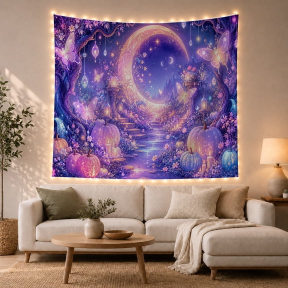 Purple Pumpkin Forest Path Under Crescent Moon, Dreamy Fantasy for Halloween Decor Lovers, Pumpkin Wall Art, Halloween Gift, Tapestry Wall Hanging for Bedroom and Entryway