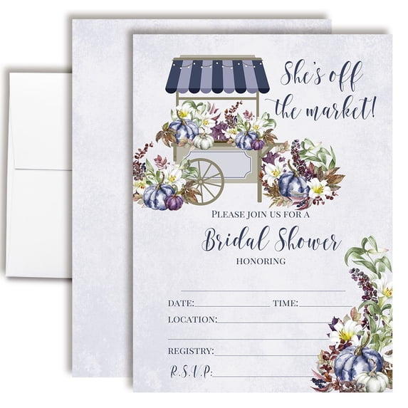 Purple Pumpkin Off the Market Bridal Shower Invitations, 20 Fill-In Cards with Envelopes, 5x7 Wedding Shower Invites for Bride, Bridal Party Supplies and Decorations, Made in USA by Amanda Creation