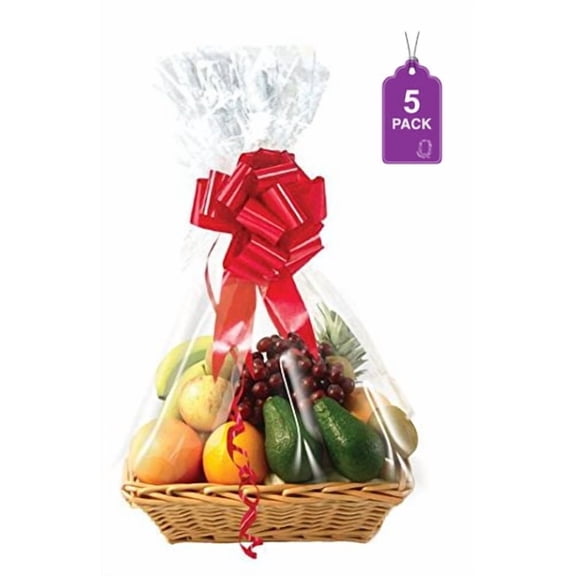 Purple Q Crafts Clear Basket Bags, 5 Pack Large Clear Cellophane Wrap for Baskets & Gifts 24"x30" 1.5 Mil Thick