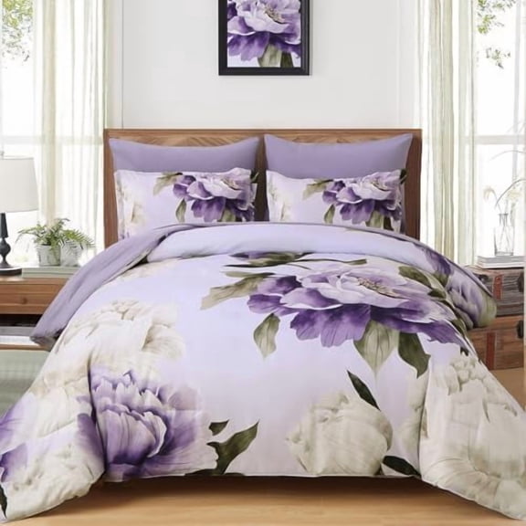 Purple Queen Comforter Set 7 Piece Bed in a Bag Queen, Purple Floral Printed on Light Purple Comforter Set with Sheets, Soft Microfiber Botanical Complete Bedding Set for All Season